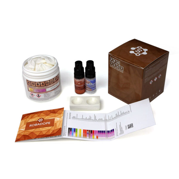 Robadope reagent test kit includes the reagent, a spatula, a reaction plate, instructions and reaction color chart