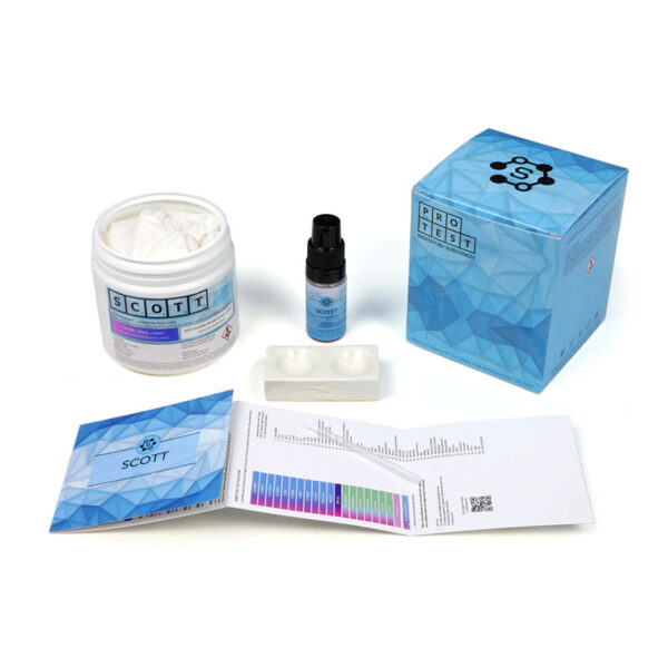 Scott reagent test kit includes the reagent, a spatula, a reaction plate, instructions and reaction color chart