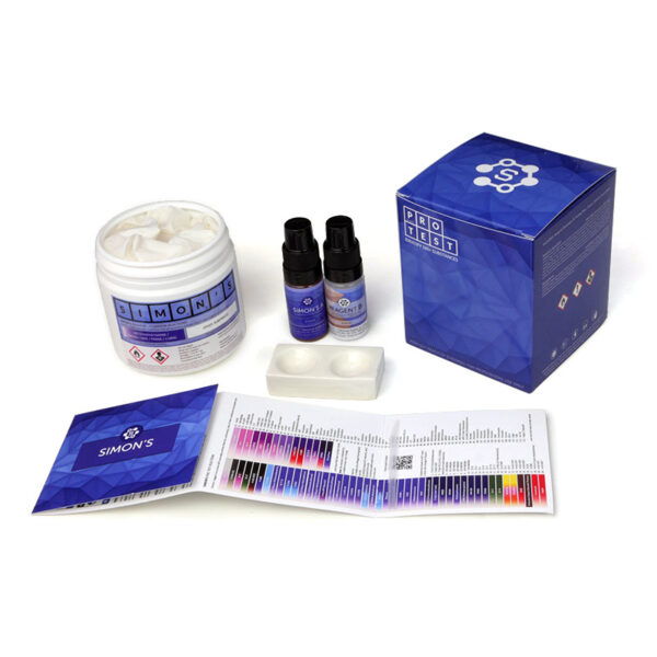 Simon's reagent test kit includes the reagent, a spatula, a reaction plate, instructions and reaction color chart